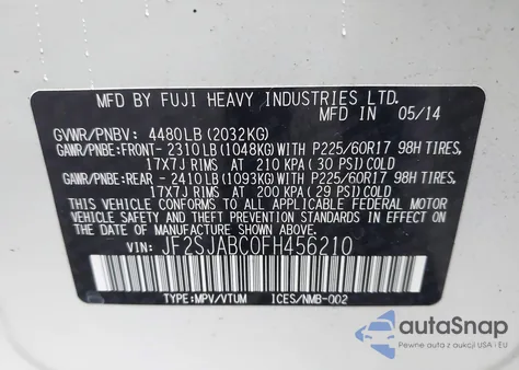 2015 Subaru Forester 2.5I из США, поврежденный, VIN JF2SJABC0FH456210